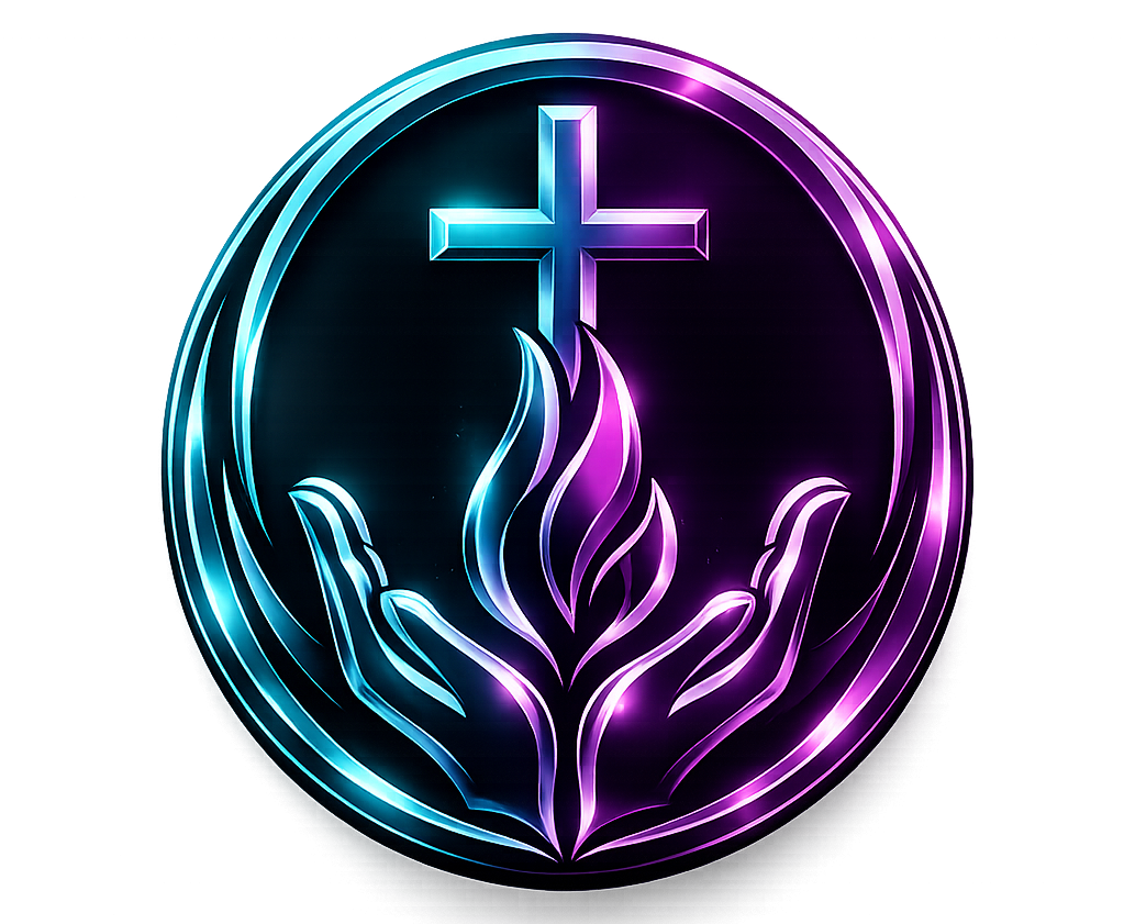 Wieco Creations logo featuring a faith-inspired cross, flame and caring hands in vibrant cyan and purple colours.