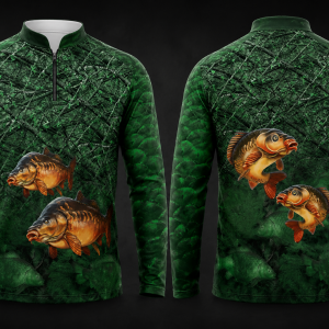 Carp Fishing Shirt featuring detailed carp artwork on a green aquatic background. Available in long sleeve and short sleeve full sublimation fishing apparel.