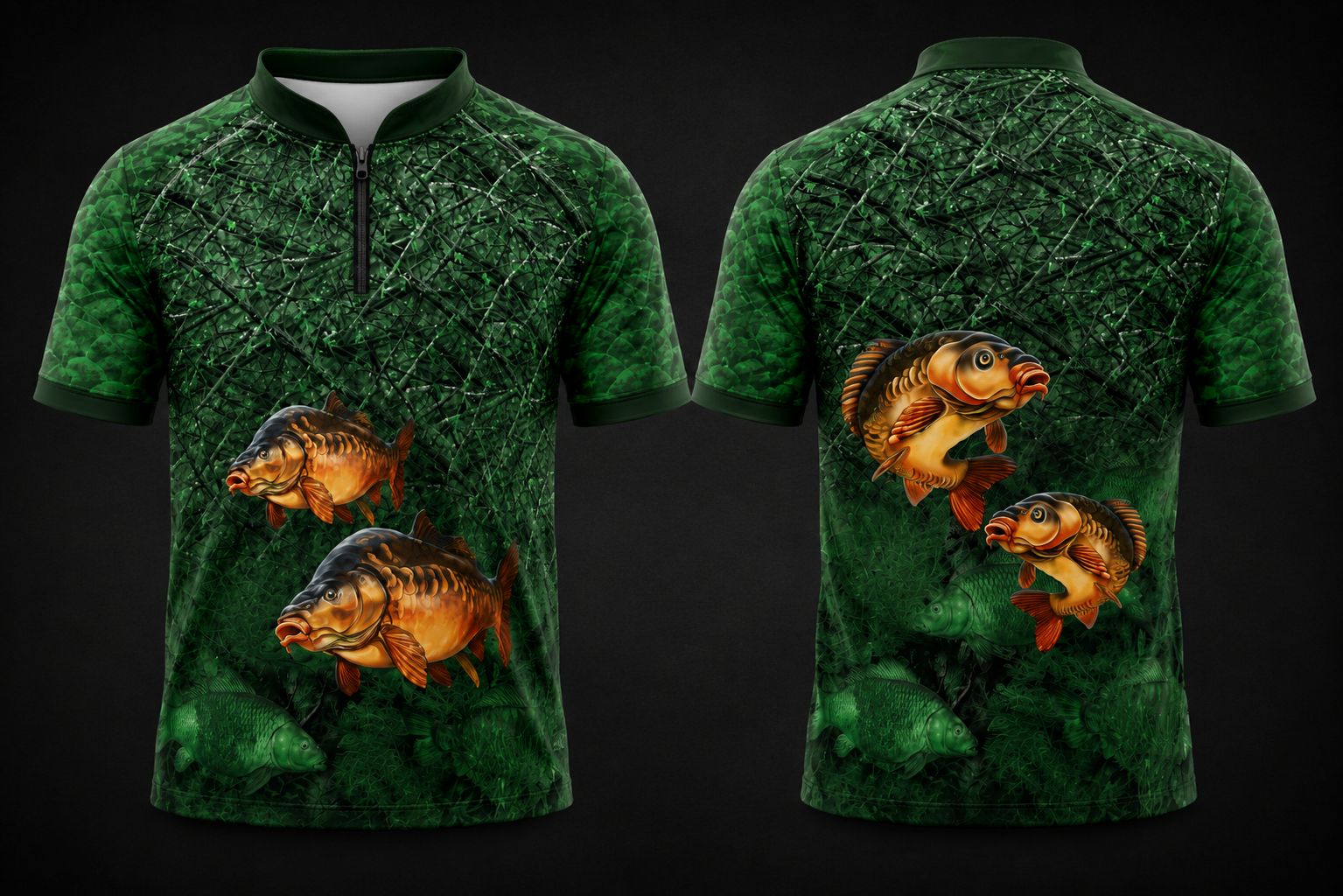 Carp Short Sleeve Fishing Shirt with mirror carp artwork and green underwater camouflage design