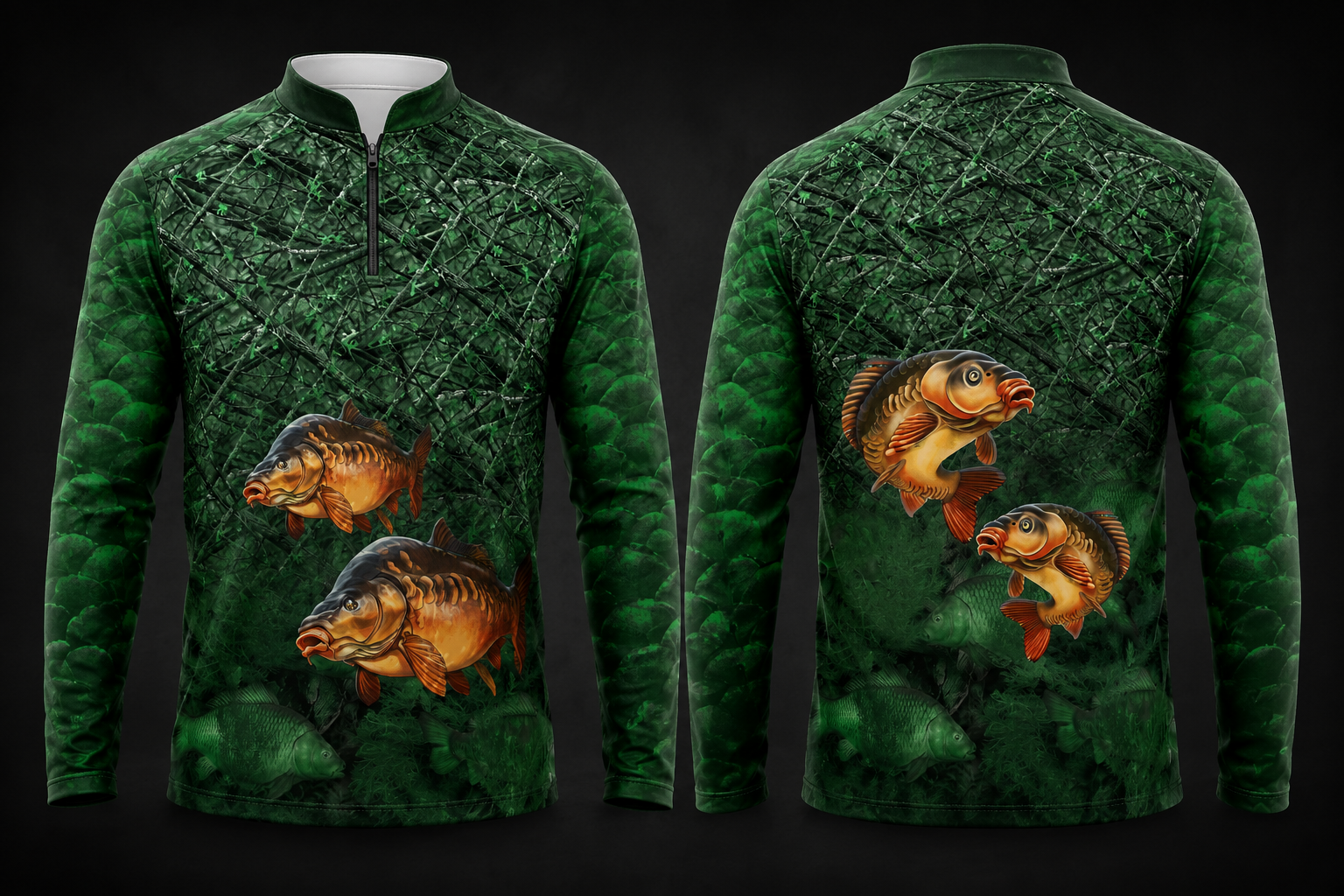 Carp Fishing Shirt featuring detailed carp artwork on a green aquatic background. Available in long sleeve and short sleeve full sublimation fishing apparel.