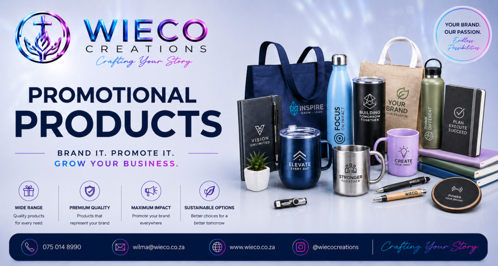 Wieco Creations Promotional Products hero banner featuring branded drinkware, bags, notebooks and corporate gifts.
