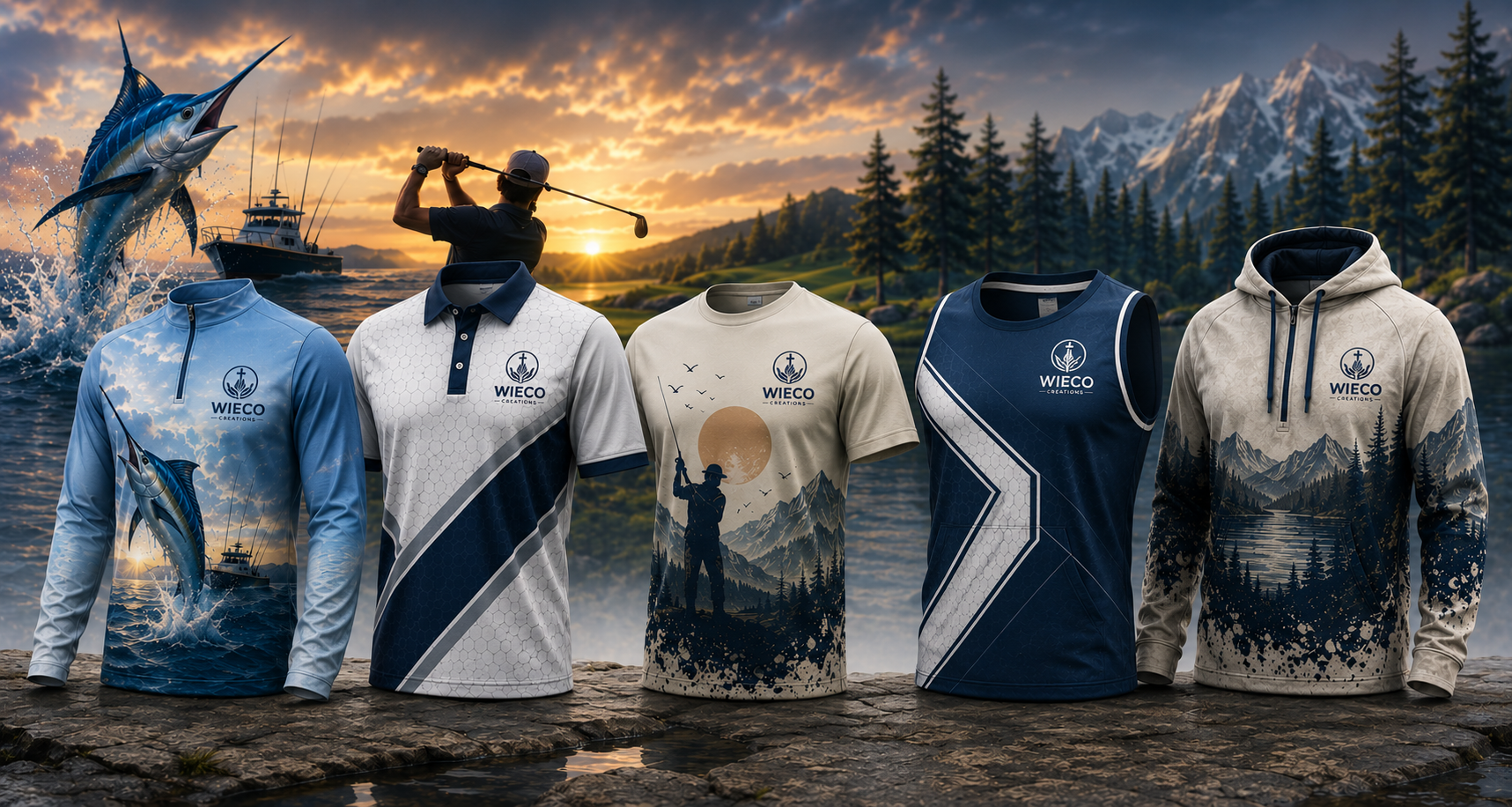 Custom branded apparel collection including fishing shirts, golf shirts, sleeveless shirts and hoodies with sublimation printing by Wieco Creations.