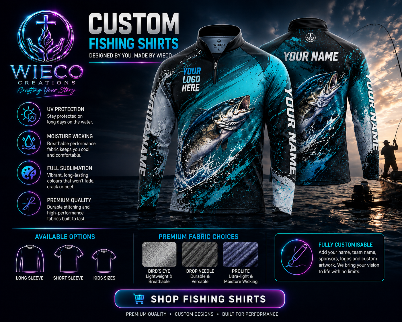 Custom full sublimation fishing shirt with personalised name and sponsor branding