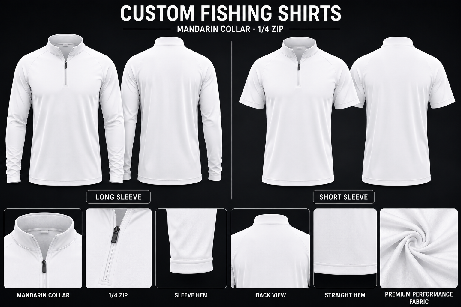 Custom fishing shirt template showing long sleeve and short sleeve sublimation shirt styles with mandarin collar and quarter zip.