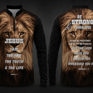 Lion Christian fishing shirt featuring a powerful lion face design with Bible verses from John 14:6 and Joshua 1:9. Available in long sleeve and short sleeve full sublimation apparel.