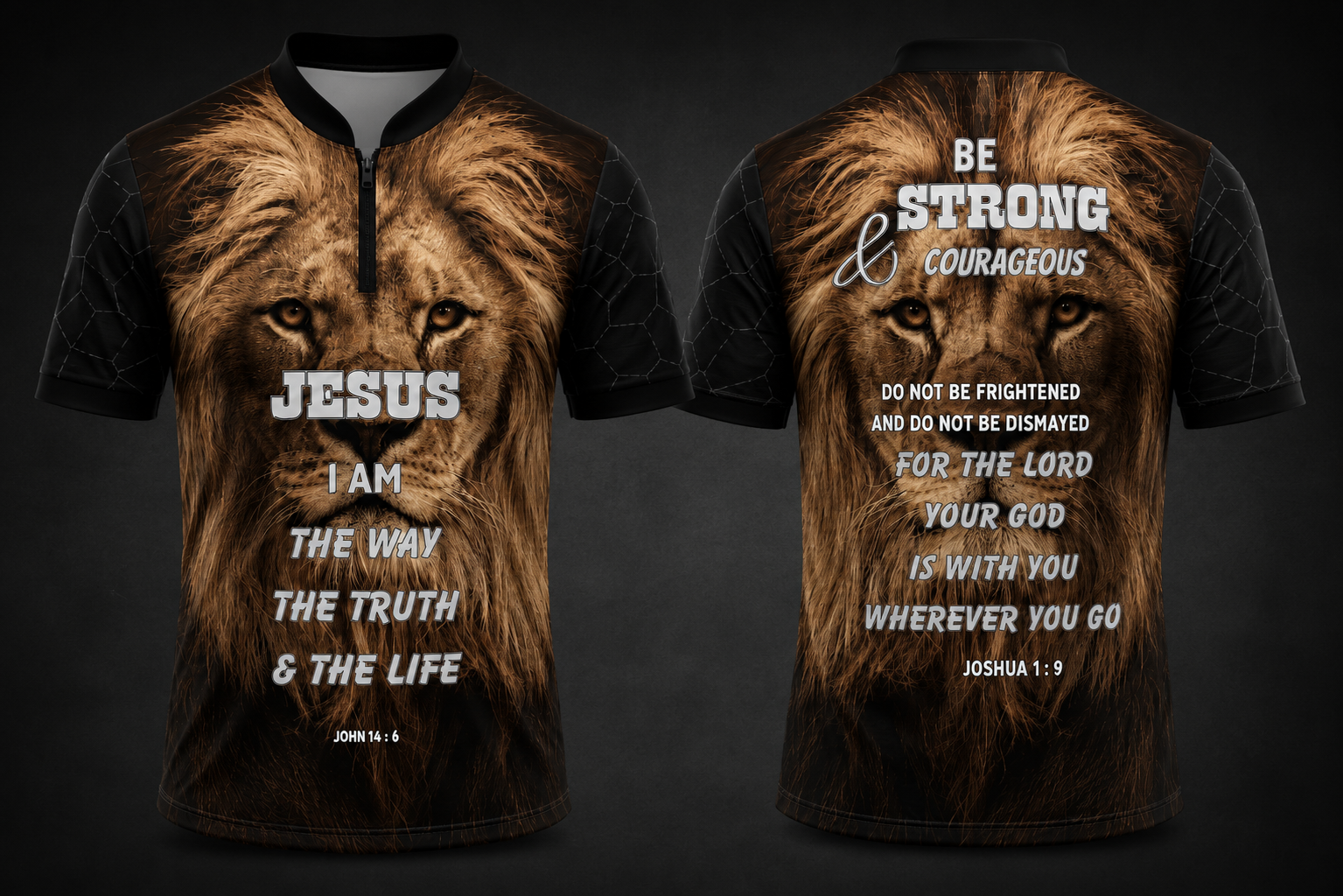 Lion Christian fishing shirt featuring a powerful lion face design with Bible verses from John 14:6 and Joshua 1:9. Available in long sleeve and short sleeve full sublimation apparel.