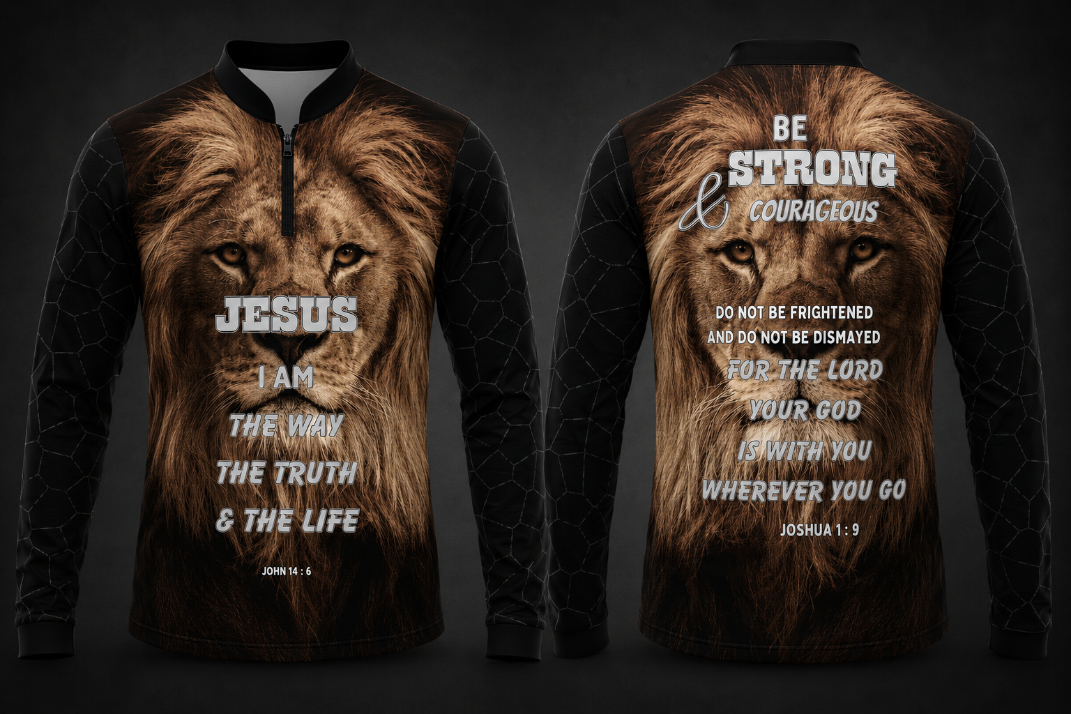 Lion Christian fishing shirt featuring a powerful lion face design with Bible verses from John 14:6 and Joshua 1:9. Available in long sleeve and short sleeve full sublimation apparel.