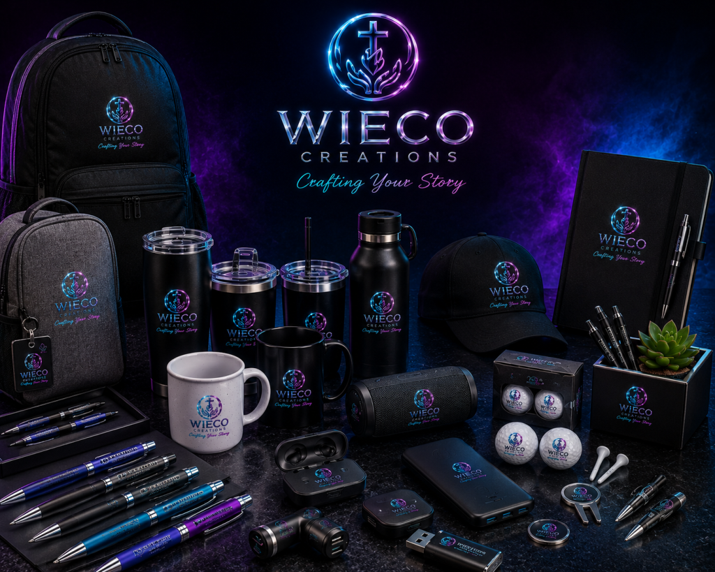Promotional products including branded pens, backpacks, drinkware, tech gadgets, golf accessories and office gifts from Wieco Creations.