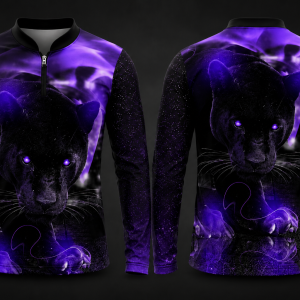 Purple Panther fishing shirt with glowing purple panther artwork and full sublimation design