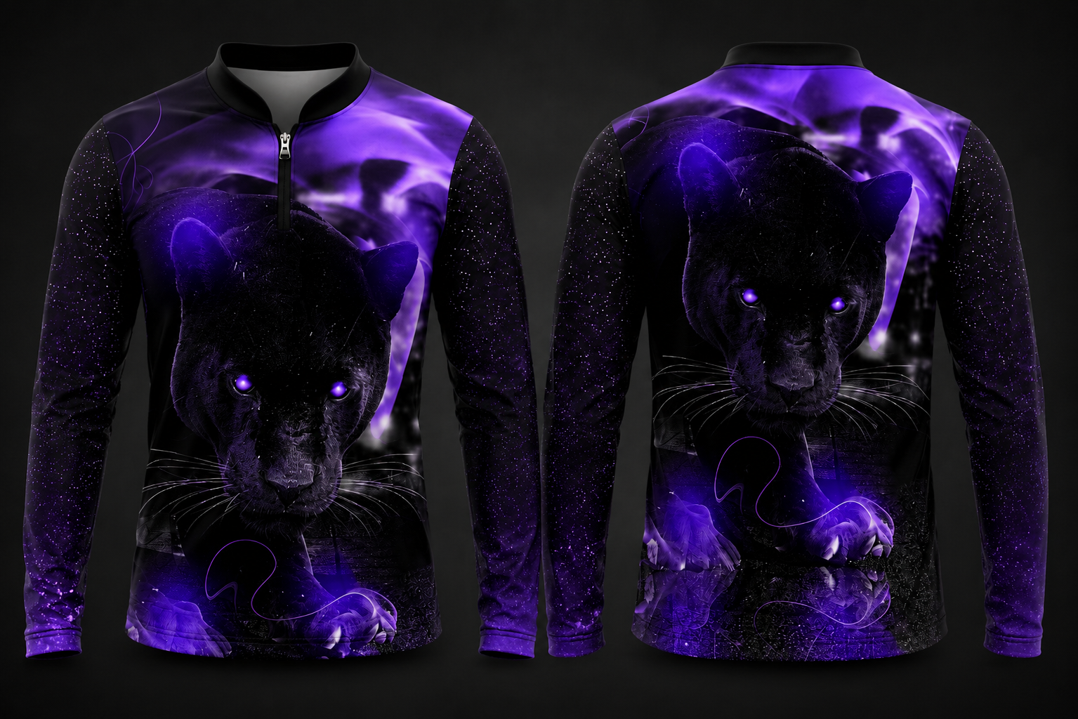Purple Panther fishing shirt with glowing purple panther artwork and full sublimation design