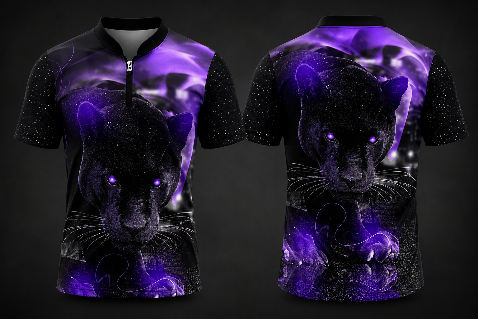 Purple Panther fishing shirt with glowing purple panther artwork and full sublimation design