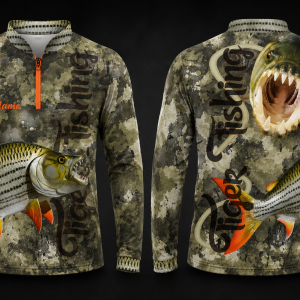 Tiger fishing shirt with camouflage design, tiger artwork and full sublimation printing for anglers and fishing clubs.