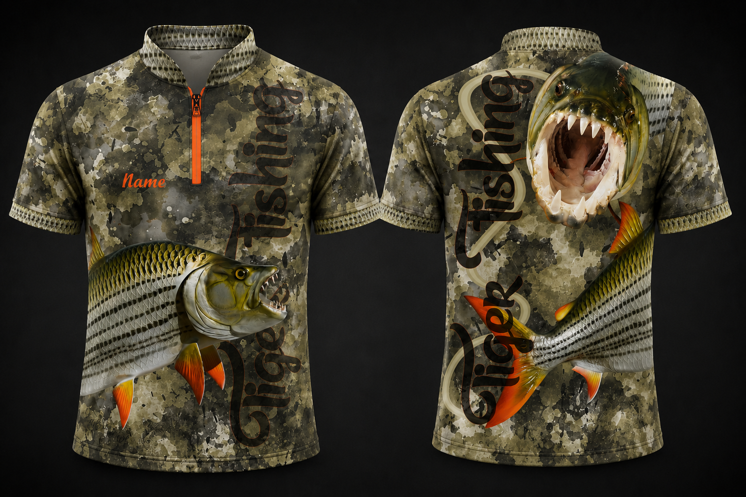 Tiger Fishing Shirt short sleeve with tigerfish artwork, camouflage design and full sublimation printing for anglers and fishing clubs.