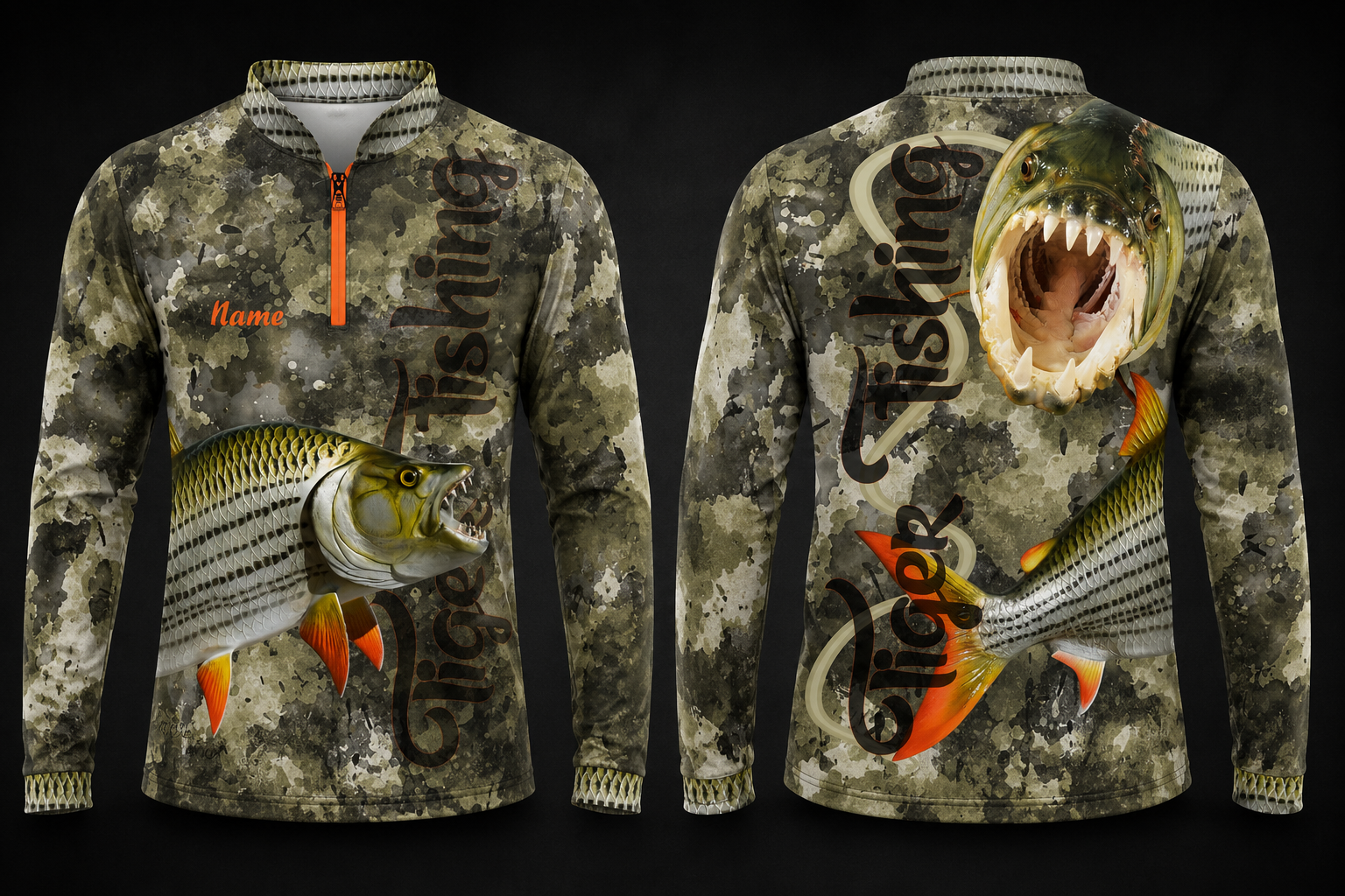 Tiger fishing shirt with camouflage design, tiger artwork and full sublimation printing for anglers and fishing clubs.