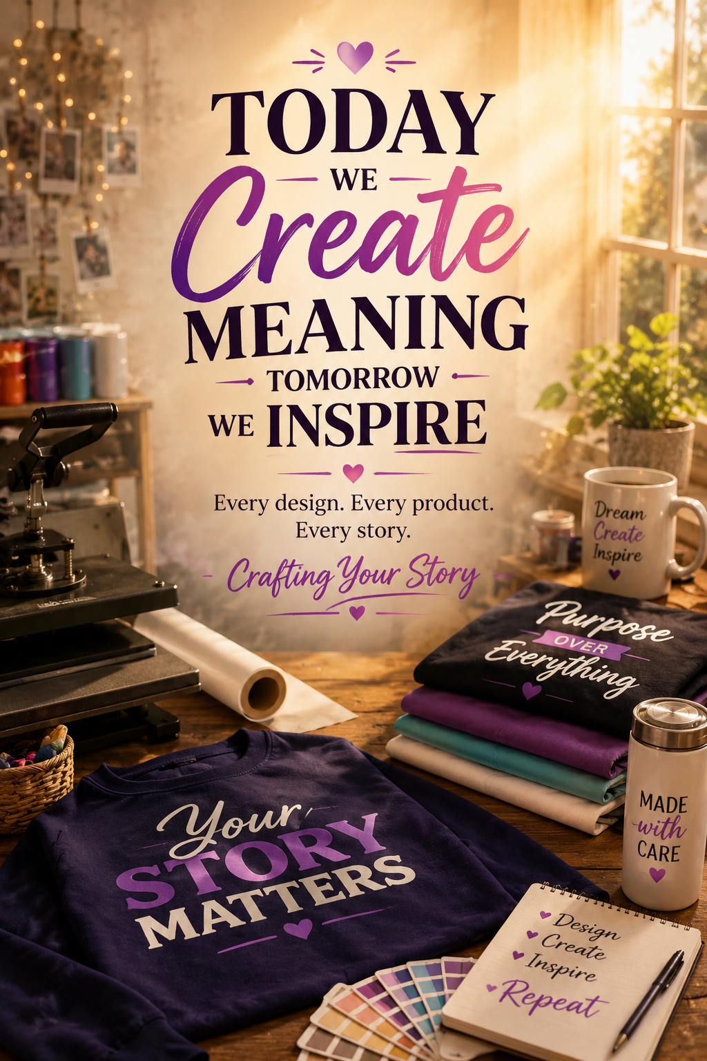Wieco Creations custom printing workspace showcasing personalised apparel, gifts, tumblers and branding products designed to tell your story.