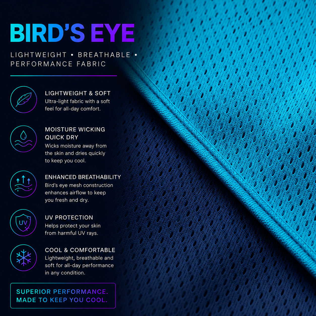 Bird's Eye fishing shirt fabric with lightweight breathable mesh construction, moisture-wicking technology and UV protection for sublimation fishing apparel.
