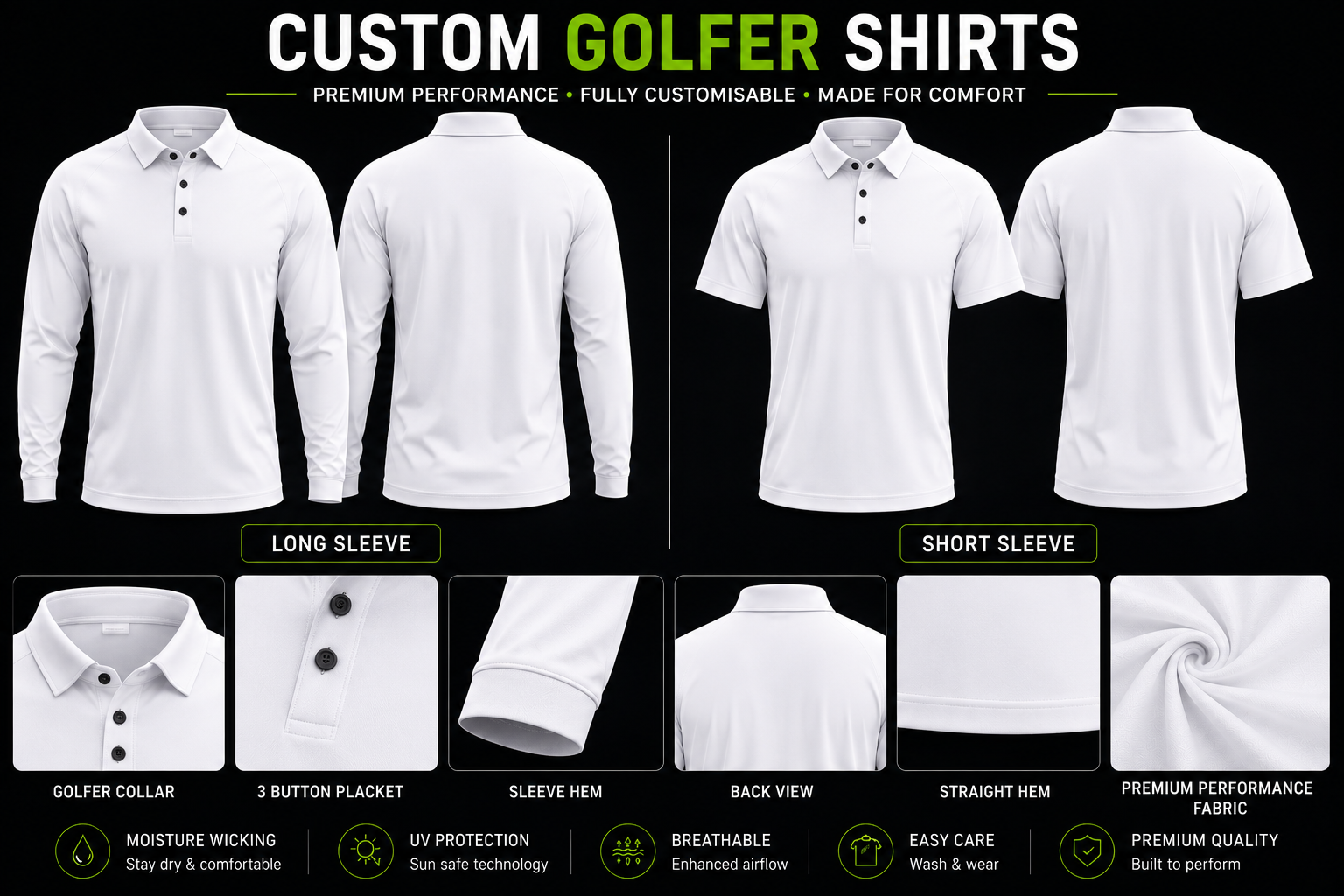 Custom Full Sublimation Golfer Shirts with golfer collar, long sleeve and short sleeve options, premium performance fabric and custom branding by Wieco Creations.