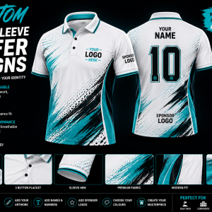 Custom short sleeve golfer shirt design by Wieco Creations showing front and back views with personalised logos, names, sponsor branding and premium sublimation printing.