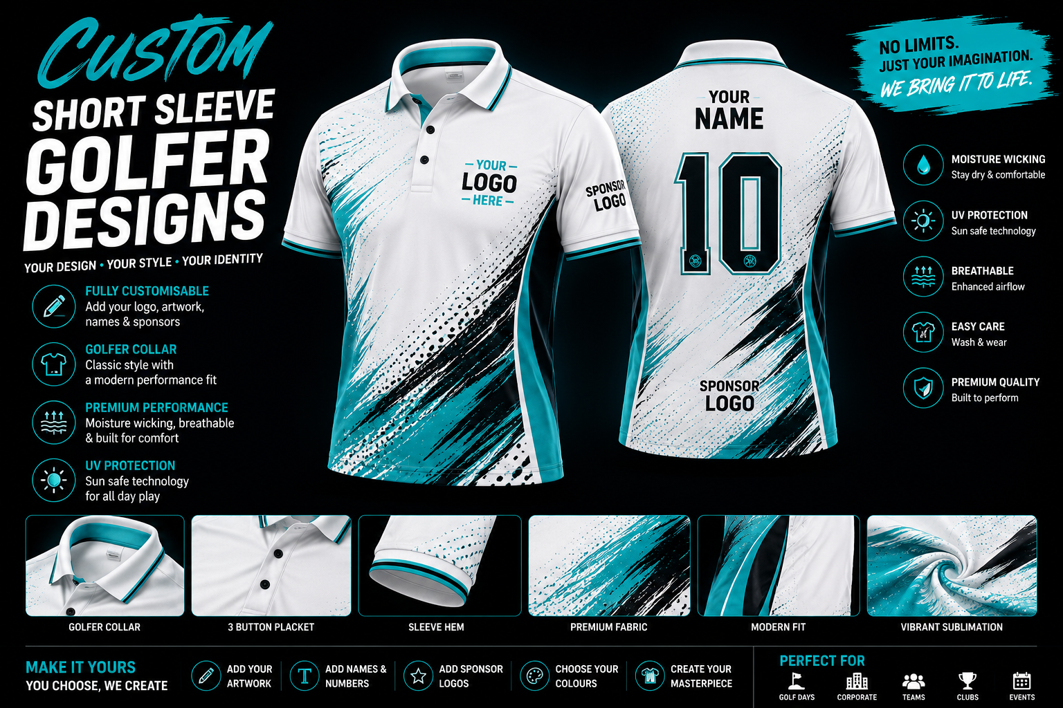 Custom short sleeve golfer shirt design by Wieco Creations showing front and back views with personalised logos, names, sponsor branding and premium sublimation printing.