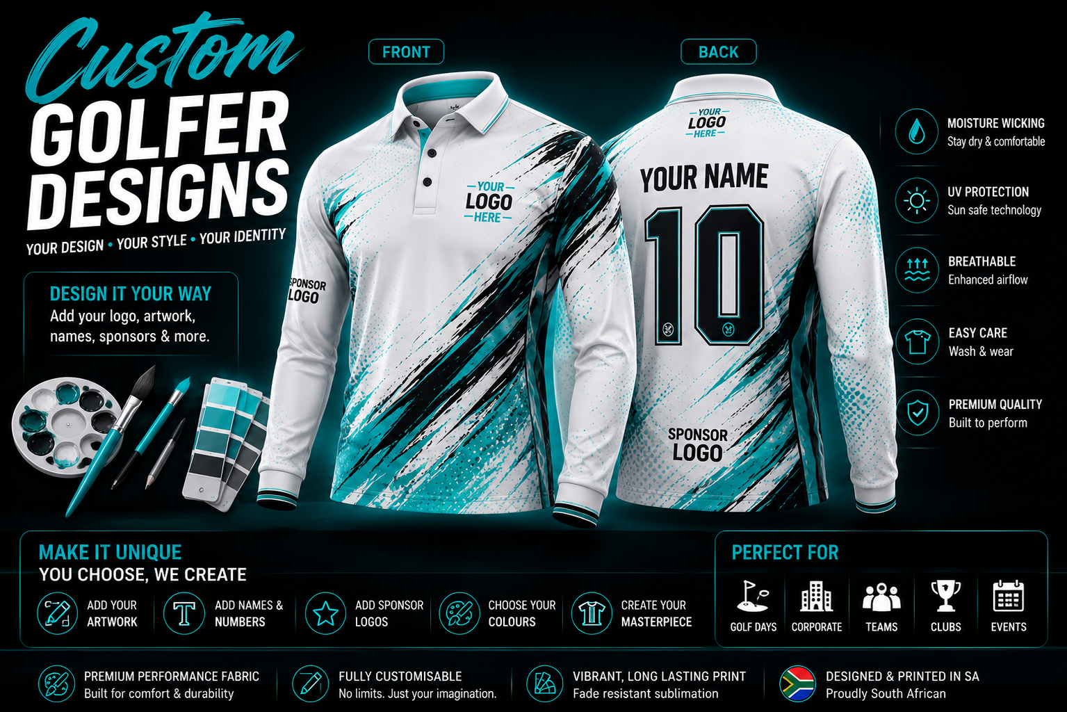 Custom golfer shirt design by Wieco Creations showing front and back views with personalised logos, names, sponsor branding and premium sublimation printing.