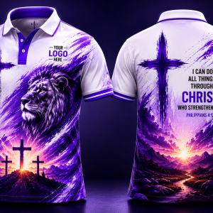 Christian short sleeve golfer shirt design featuring lion artwork, cross imagery, faith-inspired graphics and premium sublimation printing by Wieco Creations.