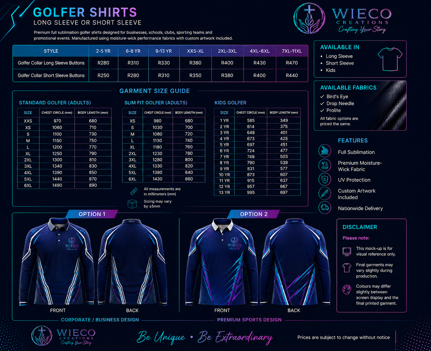 Wieco Creations Premium Golf Shirts price list, size guide, fabric options and custom sublimation golf shirt designs.
