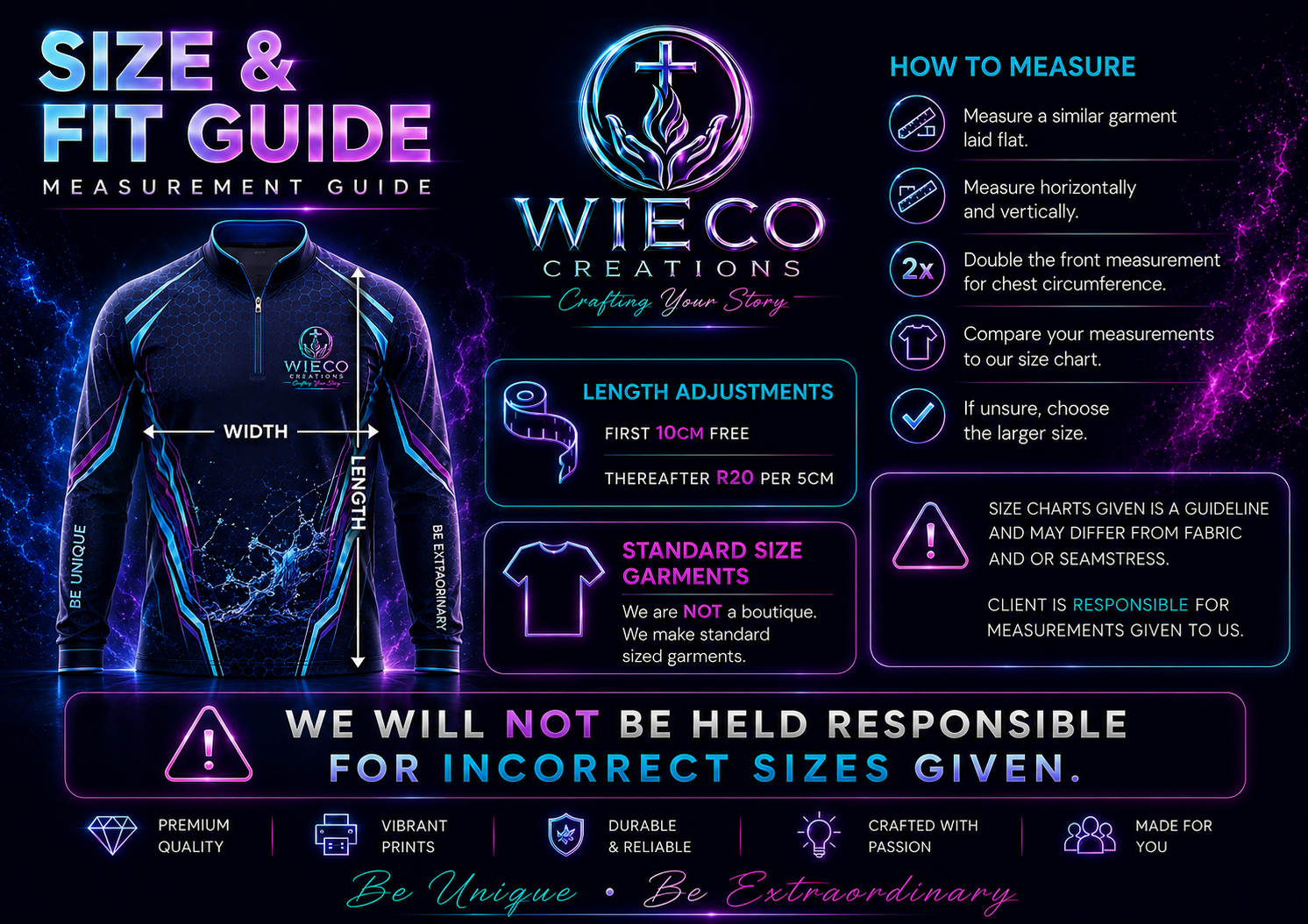 Fishing shirt size guide with measurement instructions, garment sizing information and fitting chart for custom full sublimation fishing shirts.