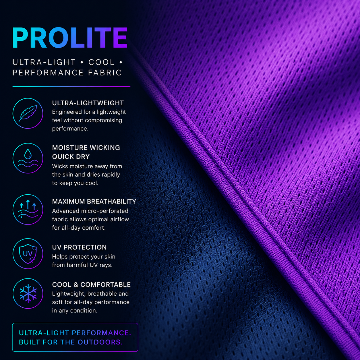 Prolite fishing shirt fabric with ultra-lightweight breathable construction, moisture-wicking technology and UV protection for custom sublimation fishing apparel.