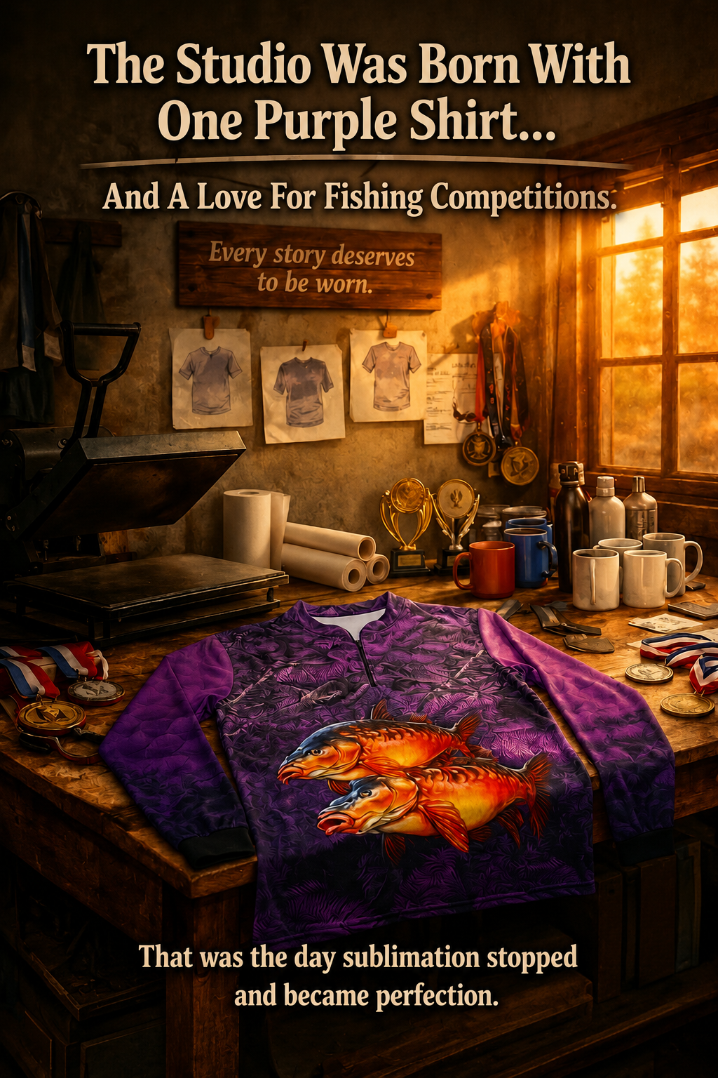 The first fishing shirt that inspired the creation of Wieco Creations, featuring a custom purple carp fishing shirt displayed in a sublimation printing studio.