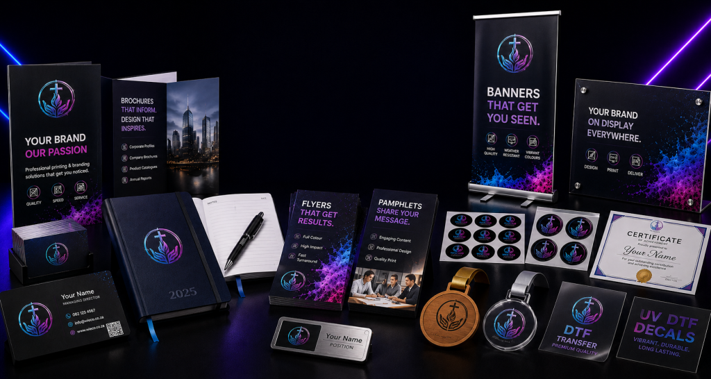 Print and branding solutions by Wieco Creations featuring brochures, diaries, business cards, banners, stickers, DTF transfers, UV DTF decals, medals and custom promotional products.