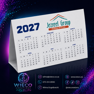 Personalised 2027 trifold desk calendar with custom full-colour branding and company logo.